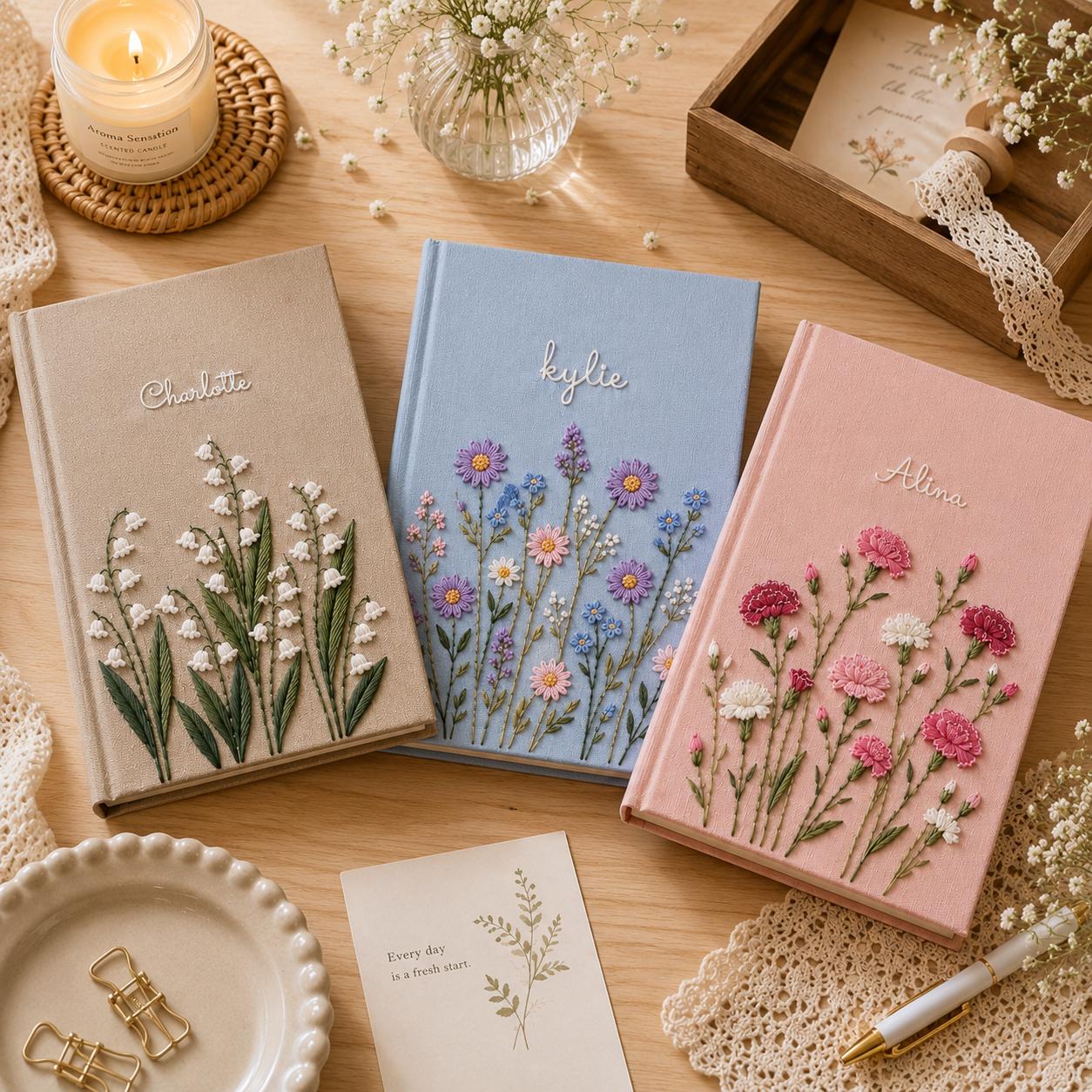Handcraft Notebook Personalized Hand Embroidered Journal With Birth Flower, Custom Name ...