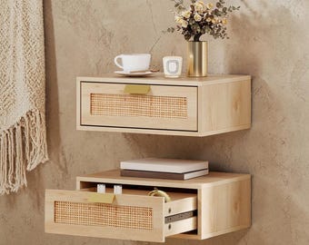 Juego de 2 mesitas de noche flotantes con cajones de ratán, mesitas de noche de roble para montaje en pared, almacenamiento moderno que ahorra espacio en el dormitorio, mesita de noche estilo bohemio