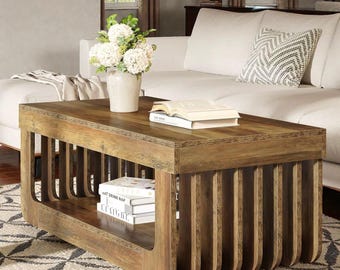 Farmhouse Coffee Table Rustic Wood Living Room Table with Storage Shelf Modern Farmhouse Furniture for Small Spaces