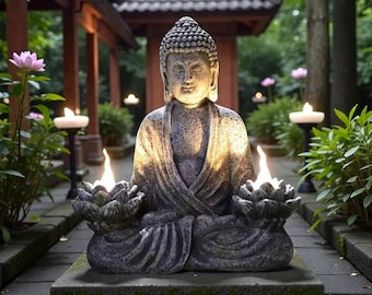 Zonneboeddha-tuinstandbeeld met led-lotuslicht, zen-terrasdecor meditatiesculptuur voor tuin yogakamer cadeau