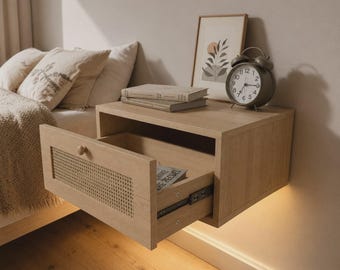 Set of 2 Floating Bedside Tables LED Wall Mounted Nightstands Modern Wood Nightstand Bedroom Storage Drawer Small Space Furniture Home Decor