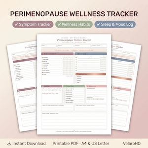 Könnte beinhalten: Ein druckbares PDF-Dokument zur Verfolgung des Wohlbefindens in den Wechseljahren mit Abschnitten für Symptomverfolgung, Schlafqualität, Stimmungsprotokolle, Wellness-Gewohnheiten und Nahrungsergänzungsmittel sowie Felder für Name, Monat und Phase.