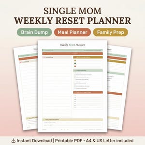 Peut inclure: Un document imprimable Weekly Reset Planner avec des sections pour Brain Dump, Top 3 Priorities, Home & Family Prep, Quick Dinners et Energy Check & Boundaries. La mise en page utilise des accents verts, orange et marron sur fond blanc.