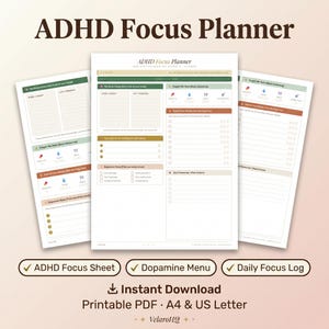 ADHS-Fokusplaner (PDF zum Ausdrucken) | Tagebuch für Exekutivfunktionsstörungen | Dopamin-Menü-Zeitblockierungsplan (A4/US Letter)
