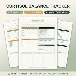 Può includere: Un documento PDF stampabile Cortisol Balance Tracker con sezioni per energia quotidiana, curve di stress, fattori di stress da cortisolo, regolazione del sistema nervoso, lavoro somatico e relax serale, con caselle di controllo.
