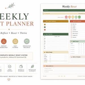 Peut inclure: Un planificateur hebdomadaire imprimable intitulé Weekly Reset comprenant des sections pour les intentions, l'humeur, les objectifs, les soins personnels, les repas, les habitudes, le budget et les réflexions, avec une palette de couleurs vert, orange et beige.