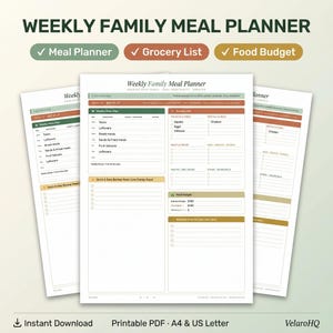 Può includere: Un pianificatore settimanale di pasti familiari in formato PDF stampabile, con sezioni per il menu settimanale, la lista della spesa, il budget alimentare e i pasti veloci, suddiviso in categorie per colazione, pranzo e cena.