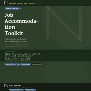 Puede incluir: Un documento digital verde oscuro titulado "Job Accommodation Toolkit" con texto blanco. El documento incluye información sobre adaptaciones en el lugar de trabajo, cómo identificar las necesidades y una plantilla de solicitud. De Navi Systems.