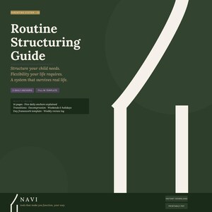 May include: A dark green printable PDF guide titled "Routine Structuring Guide." The guide includes text about structuring child needs and flexibility. It features a white abstract design and the NAVI logo. Includes 14 pages with daily anchors and a weekly review log.