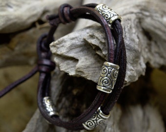Leather Bracelet cord Silver Wind Swirls Beads