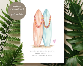 Aquarell Surfbrett Hochzeitskarte | Tropische Aloha Brautpaar-Glückwünsche (Digitaler Download)