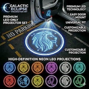 May include: A car door with a neon blue lion projection on the ground. The image showcases a "Galactic Eclipse Projector Kit" with "Premium LED Technology" and "Customizable Projection". Additional neon Leo designs are displayed.