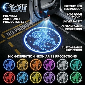 May include: Galactic Eclipse projector kit. Premium Aries-only projector set. The image shows a neon blue Aries symbol projected onto the ground. The kit features premium LED technology, easy door mount, and universal fit. Multiple color options are displayed.