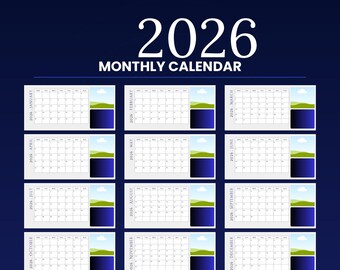 Calendrier mensuel 2026 imprimable | Agenda minimaliste PDF (modèle canva)