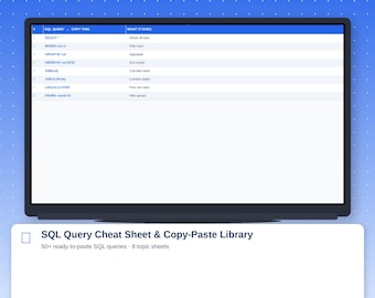 Aide-mémoire pour les requêtes SQL | Copier-coller de la bibliothèque, référence Data Analyst (XLSX)