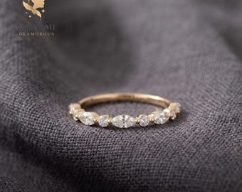 Moissanite Wedding Band Gold | Alternating Marquise Round Stacking Ring | Vintage Style Matching Diamond Band | Unique Anniversary Gift Her