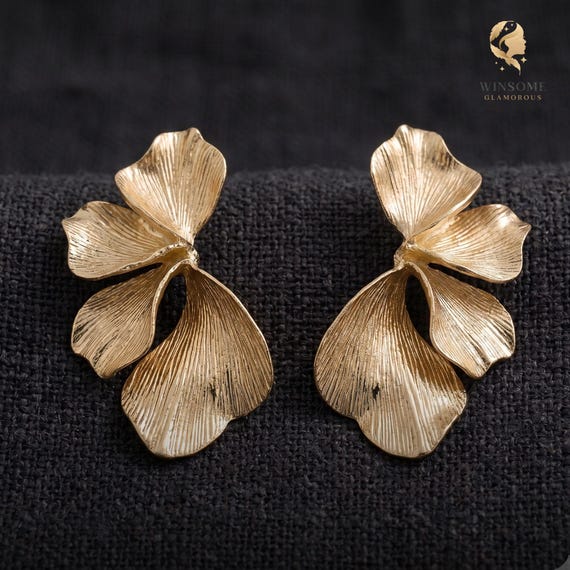 18K Gold Plated Ginkgo Leaf Statement Earrings, Textured Botanical Floral Studs