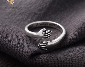 ALWAYS WITH YOU" Hug Ring, 925 Sterling Silver Hugging Hands Ring, Meaningful Heartfelt Gift for Her, Wife, Daughter, Mom, Long Distance