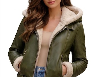 Green Real Leather Hooded Bomber Jacket, Faux Fur Lined Aviator Biker Coat