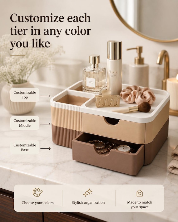 Customizable 3D Printed Vanity Organizer – Stackable Bathroom Storage Box with Drawers for Makeup, Hair Accessories & Jewelry