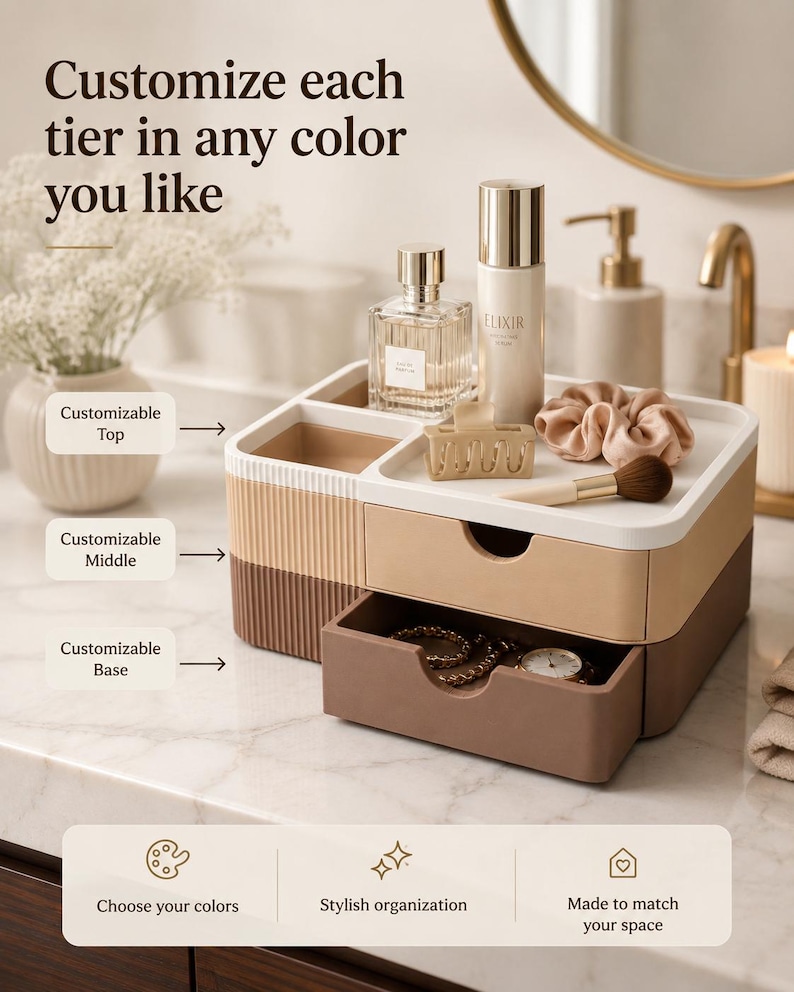 Puede incluir: Organizador de cosm&eacute;ticos personalizable de varios niveles en beige y marr&oacute;n. La parte superior tiene compartimentos para botellas y accesorios. La parte media es un caj&oacute;n, y la base tambi&eacute;n es un caj&oacute;n. Texto: "Personaliza cada nivel en cualquier color que desees."
