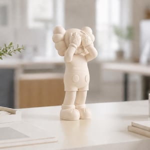 Puede incluir: Una figura de color crema de un personaje de dibujos animados con las manos cubriendo sus ojos. La figura tiene orejas grandes y redondas y lleva pantalones cortos. La figura se exhibe sobre una superficie blanca con una planta y una taza en el fondo.