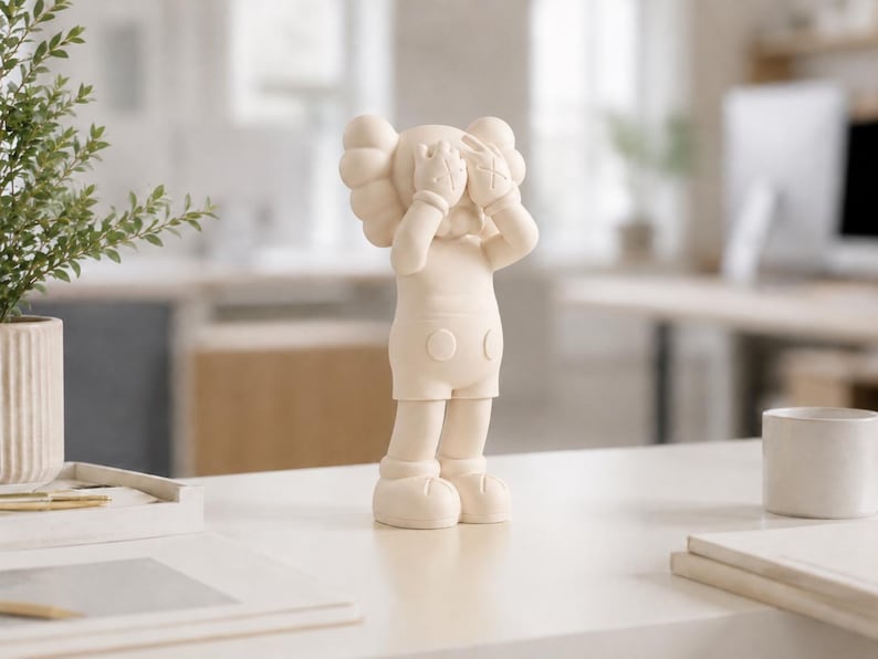 Puede incluir: Una figura de color crema de un personaje de dibujos animados con las manos cubriendo sus ojos. La figura tiene orejas grandes y redondas y lleva pantalones cortos. La figura se exhibe sobre una superficie blanca con una planta y una taza en el fondo.