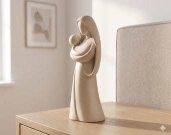 3D Printed Beige Sculpture 6 inch - Modern Virgin Mary and Jesus Figurine