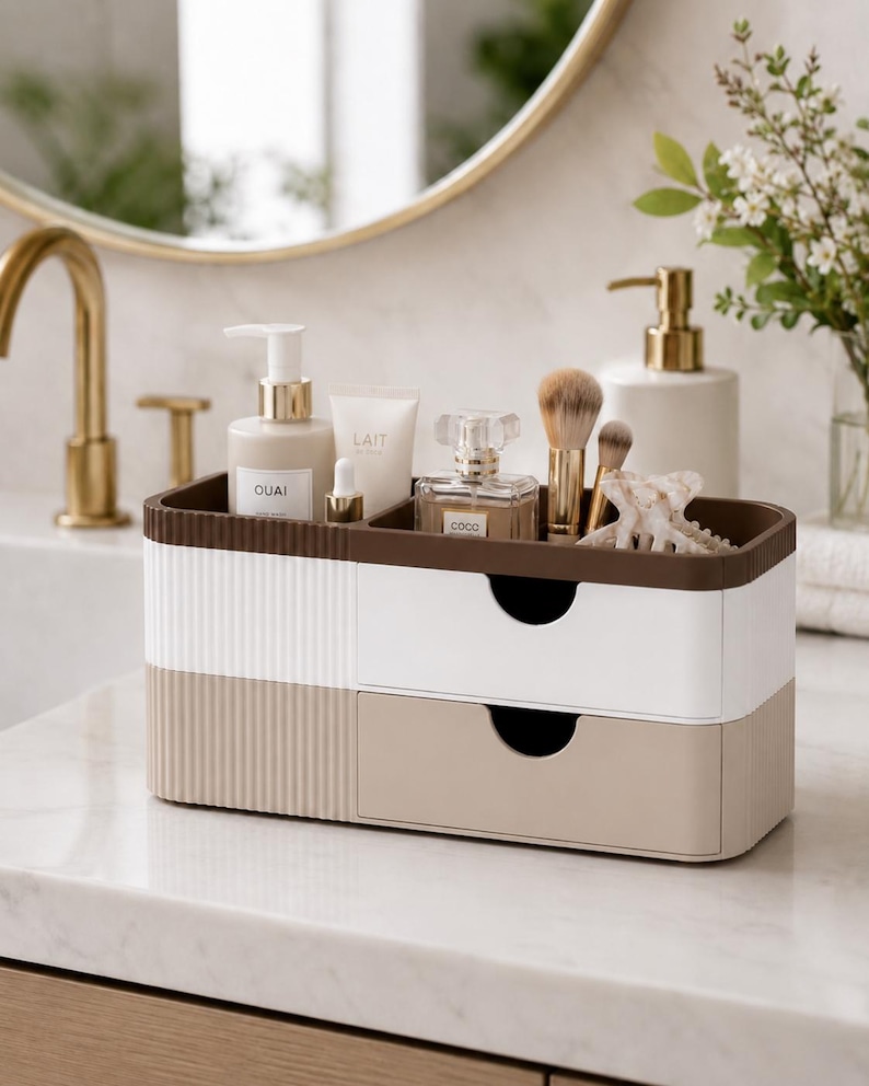 Puede incluir: Un organizador de dos niveles, marr&oacute;n, blanco y beige, con dos cajones y una bandeja superior. La bandeja contiene productos de belleza, incluyendo un frasco de perfume, brochas de maquillaje y productos para el cuidado de la piel. El organizador est&aacute; sobre una encimera de m&aacute;rmol.