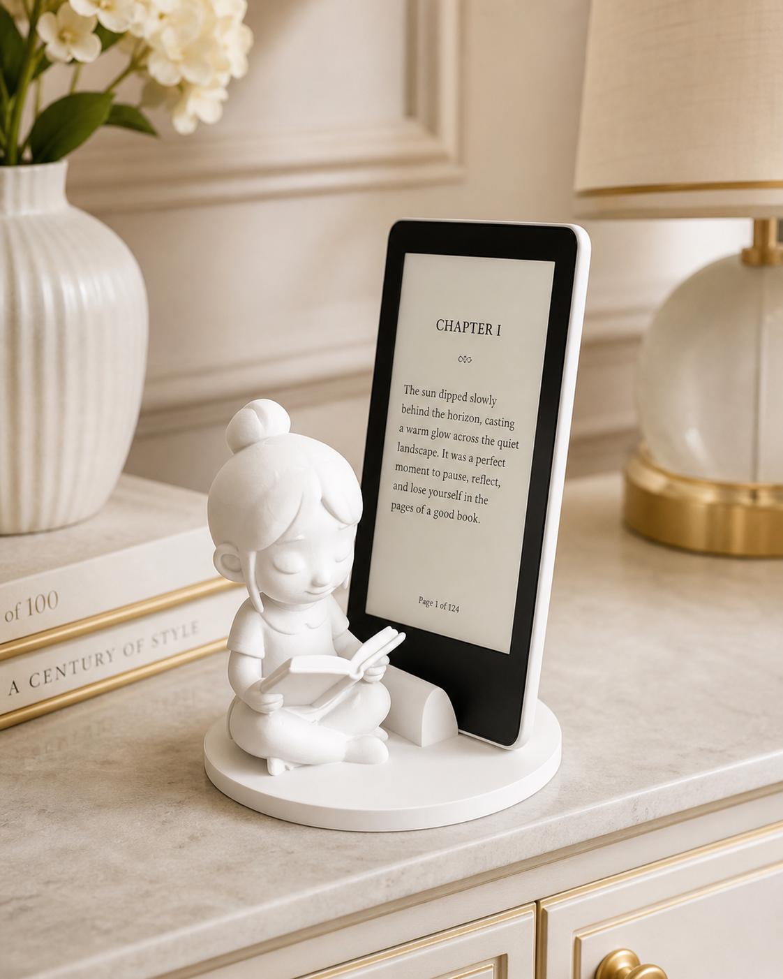 Cute Reading Girl E-Reader Stand - 3D Printed Kindle & Tablet Holder for Book Lovers