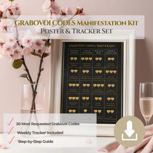 May include: A framed poster and tracker set with the text "GRABOVOI CODES MANIFESTATION KIT". The poster has a black background with gold text and heart symbols. The text includes "Wealth & Success", "Love & Relations", "Beauty & Body", and "Power & Protection".