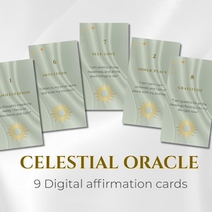 May include: A collection of nine digital affirmation cards with a celestial theme. Each card features a light green background with gold accents, including a sunburst design. The cards are labeled with numbers and affirmations.