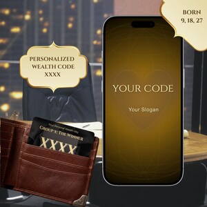 May include: A brown leather wallet with a black card that reads "Your Personal Wealth Key" and "GROUP X: THE WINNER" with the text "XXXX". A smartphone displays "YOUR CODE" and "Your Slogan". The image also shows the text "PERSONALIZED WEALTH CODE" and "XXXX".