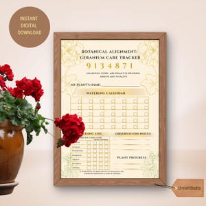 Può includere: Una stampa botanica incorniciata con il testo "Botanical Alignment: Geranium Care Tracker" e "Instant Digital Download". La stampa include un calendario di irrigazione, un registro di alimentazione e note di osservazione. Un vaso di gerani rossi è in primo piano.