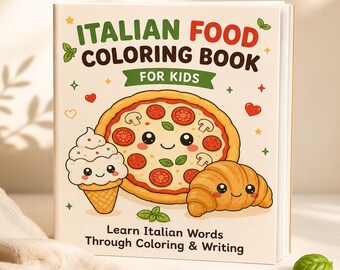 Malbuch mit italienischen Lebensmitteln für Kinder | Italienische Wörter lernen | Montessori-Übungsbuch | Schreibübungen | Druckbares Aktivitätsbuch