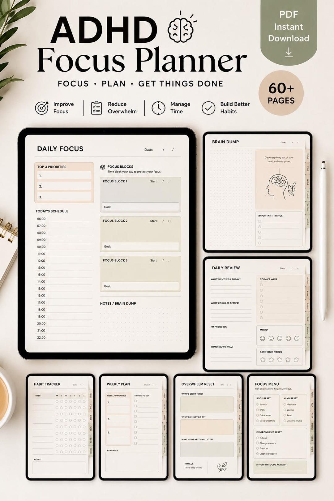 ADHD Focus Planner Printable PDF | Daily Focus Planner | ADHD ...