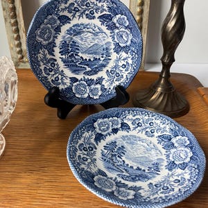 Vintage Royal Warwick Loch Duich Views of Scotland Blue Transferware Plates Set of Two