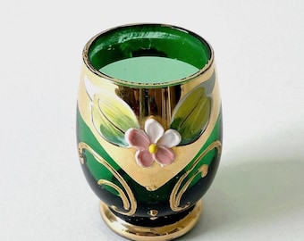 Hand Painted Green Cordial Glass | Vintage Bohemian Style Mini Goblet