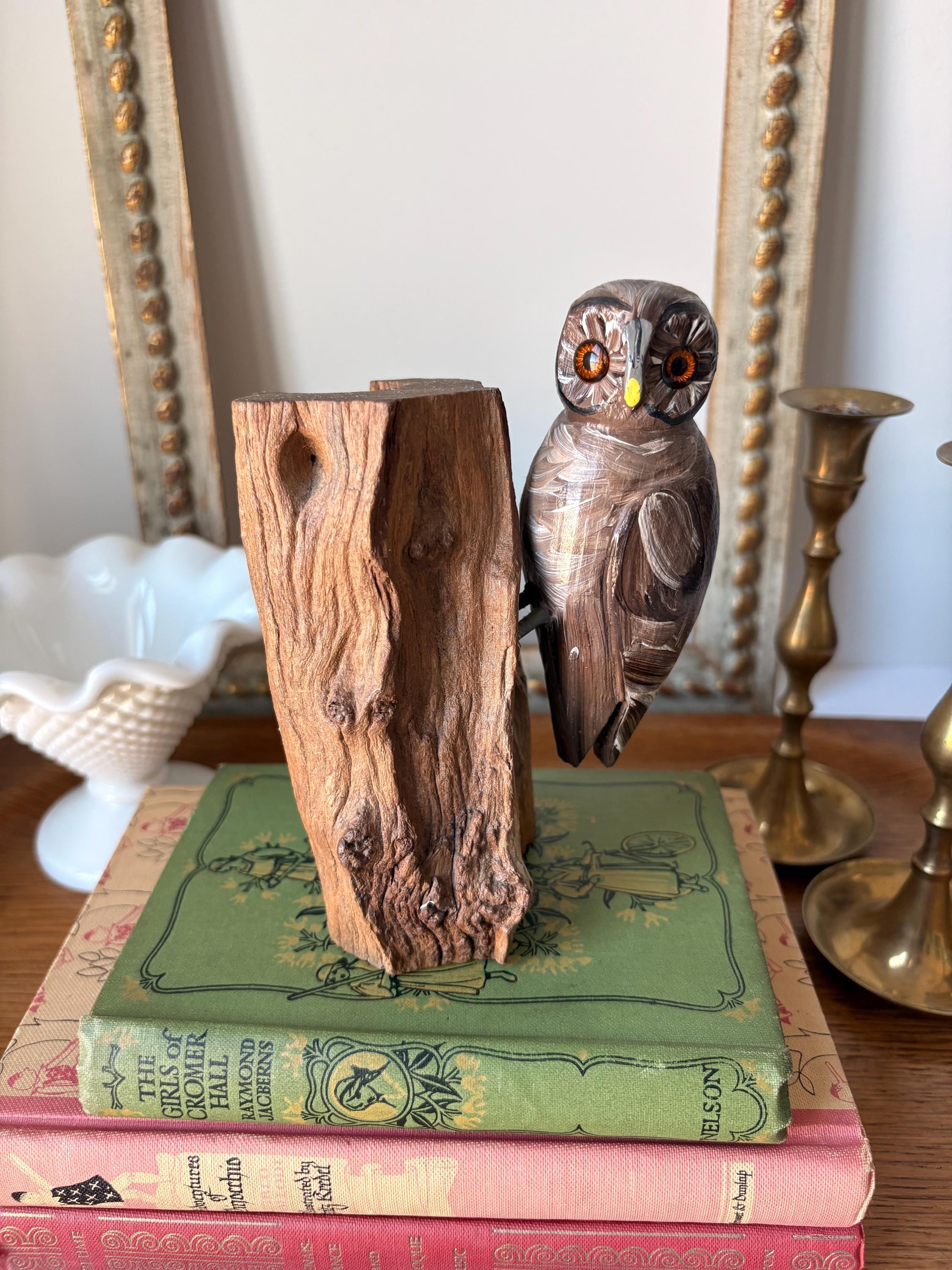 Hand Carved Wooden Owl on Tree Stump Folk Art Sculpture