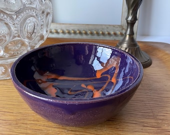 Vintage Studio Pottery Bowl, Purple and Orange Abstract Glaze Hand Thrown Art Ceramic