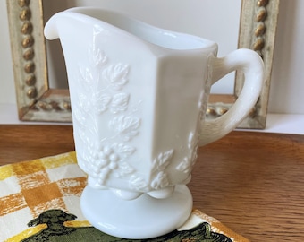 Vintage Westmoreland Paneled Grape White Milk Glass Footed Creamer Pitcher Cottagecore Decor