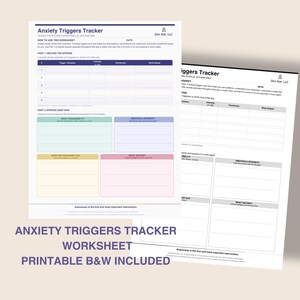 Puede incluir: Dos hojas de trabajo imprimibles tituladas "Anxiety Triggers Tracker" con un fondo beige claro. Las hojas de trabajo tienen secciones para registrar los desencadenantes, la intensidad y las respuestas. El texto "Printable B&W Included" está en la parte inferior.