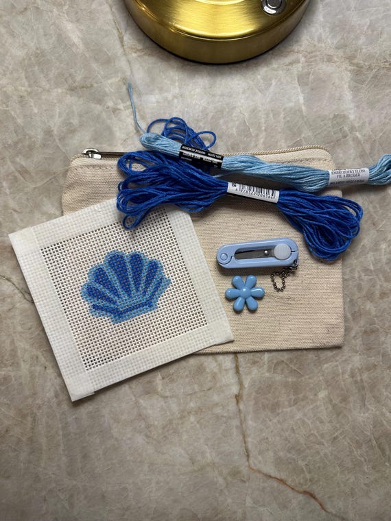 Shell Mini Canvas + Beginner Needlepoint Kit, Handpainted, 13 Mesh