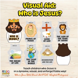 Pode incluir: Um auxílio visual educativo intitulado Visual Aid: Who is Jesus? apresentando uma figura de desenho animado de Jesus e sete cartões ilustrados com temas bíblicos, incluindo Prince of Peace, Lamb of God, Lion of the Tribe of Judah, Bread of Life, Light of the World e Resurrection and the Life.