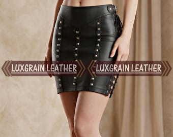 Women Black Sheepskin Leather Mini Skirt with Lace Side Detail Design