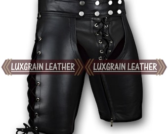 Calzoncillos bóxer de piel de oveja – Cierre de cordones en la parte delantera y laterales, cremallera con botón a presión en la cintura.