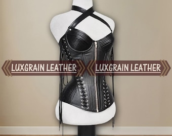 Women Black Leather Bustier Corset Sheepskin Structured Cups Lace Up Back Support