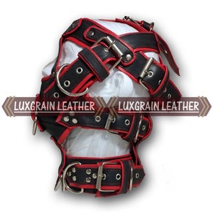 May include: Black and red leather head harness with multiple straps, buckles, and metal rings. The harness features the text "LUXGRAIN LEATHER" in a banner across the front.