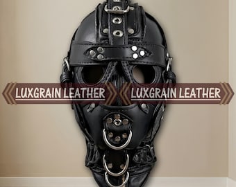 Genuine Leather Hood Mask Black Lace Up Adjustable Buckle Statement Piece – Cosplay Fashion Accessory