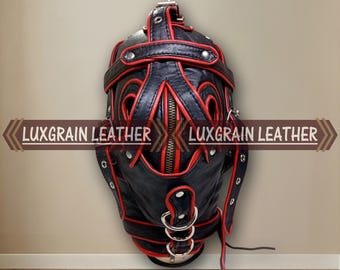 Genuine Leather Full Head Mask Black Red Adjustable Strap Cosplay Costume Gear